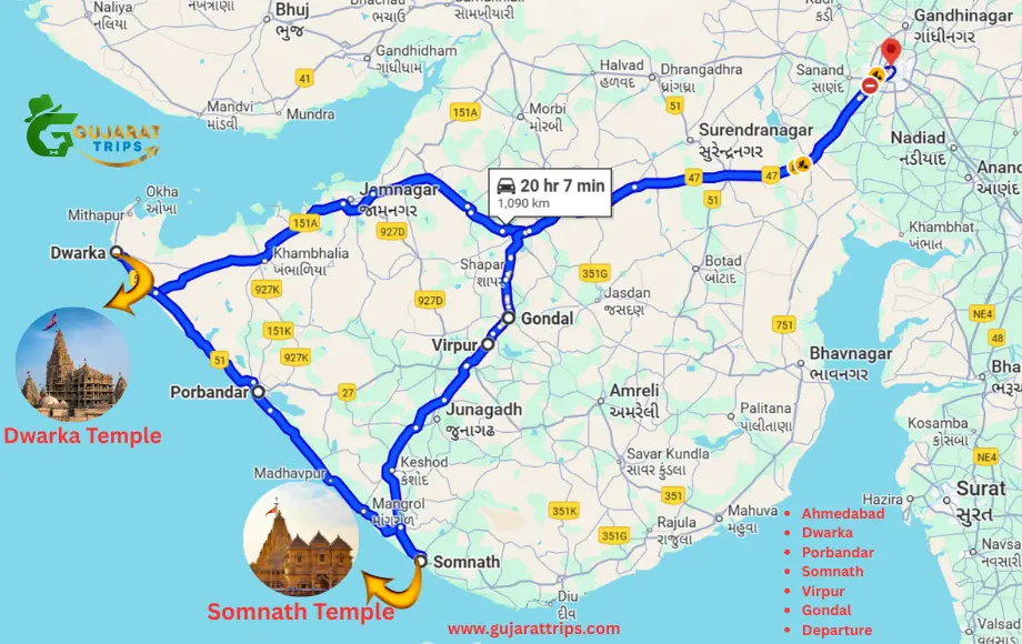 Dwarka Somnath Tour Package Route Map – Ahmedabad, Porbandar, Virpur & Gondal Itinerary