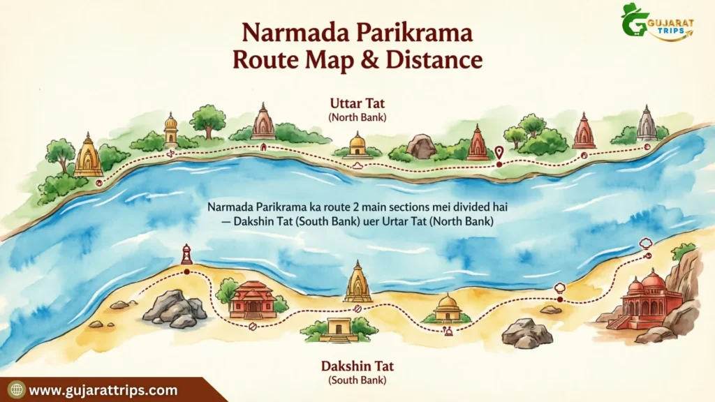 Narmada Parikrama complete route map
showing south and north bank path