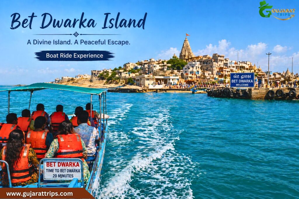 Boat ride to Bet Dwarka island in Gujarat with clear blue sea