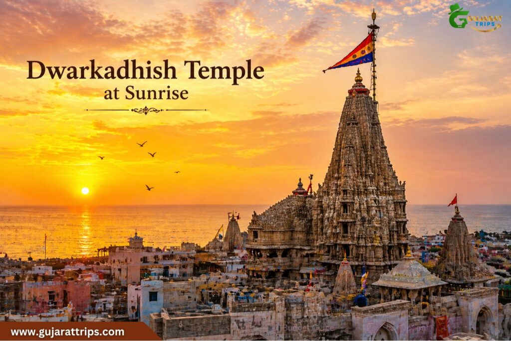 Dwarkadhish Temple at sunrise with golden sky in Dwarka Gujarat