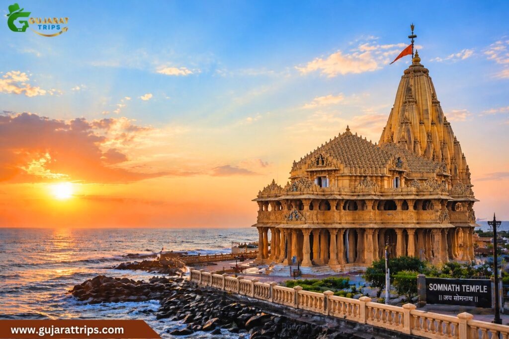 Somnath Temple Gujarat with Arabian Sea waves during sunset